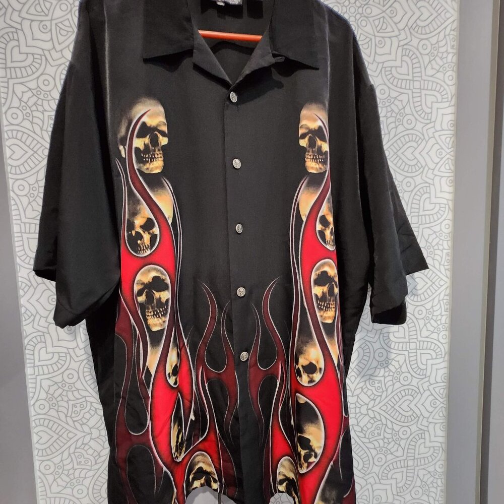 Men's Skull Dress Shirt, XXXL, Black with Red Flames